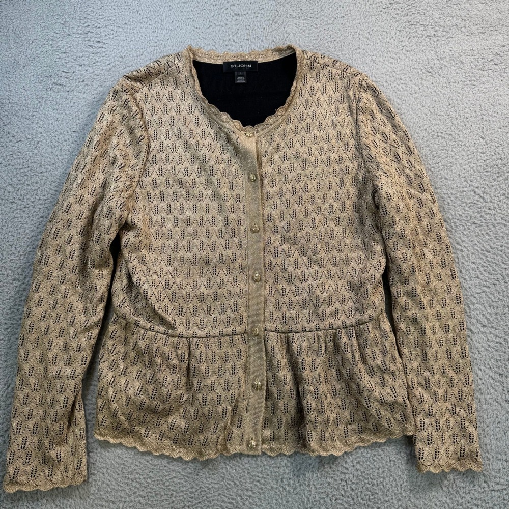 St John Gold Metallic Pointelle Knit Peplum Cardigan Sweater Wool Blend Large